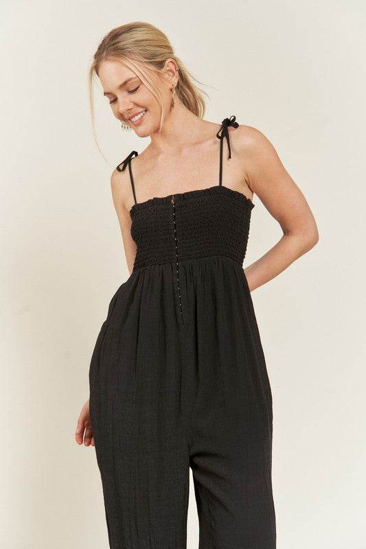 SMOCKED TIE STRAP JUMPSUIT - Shop Style & More | Fresh Looks, Everyday Deals & Free Shipping