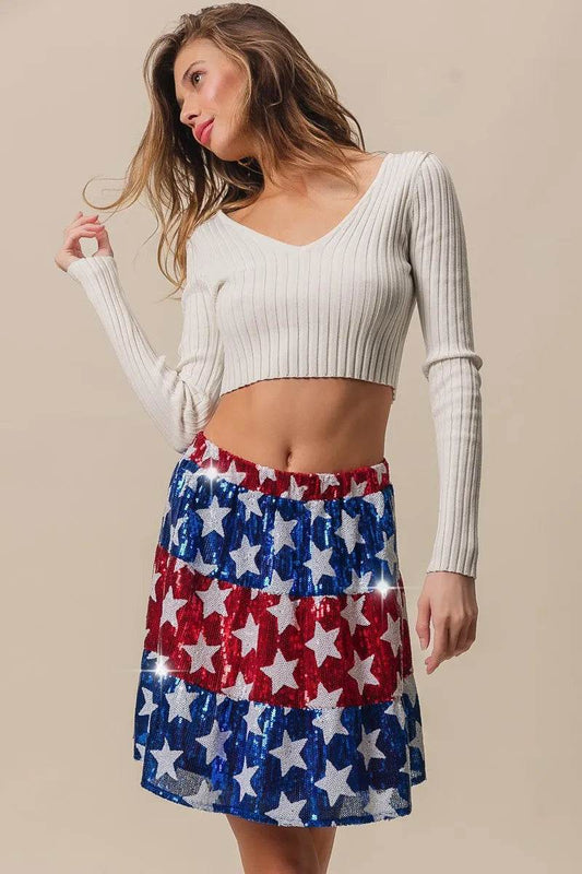 BiBi American Flag Theme Star Sequin Tiered Skirt - Shop Style & More | Fresh Looks, Everyday Deals & Free Shipping