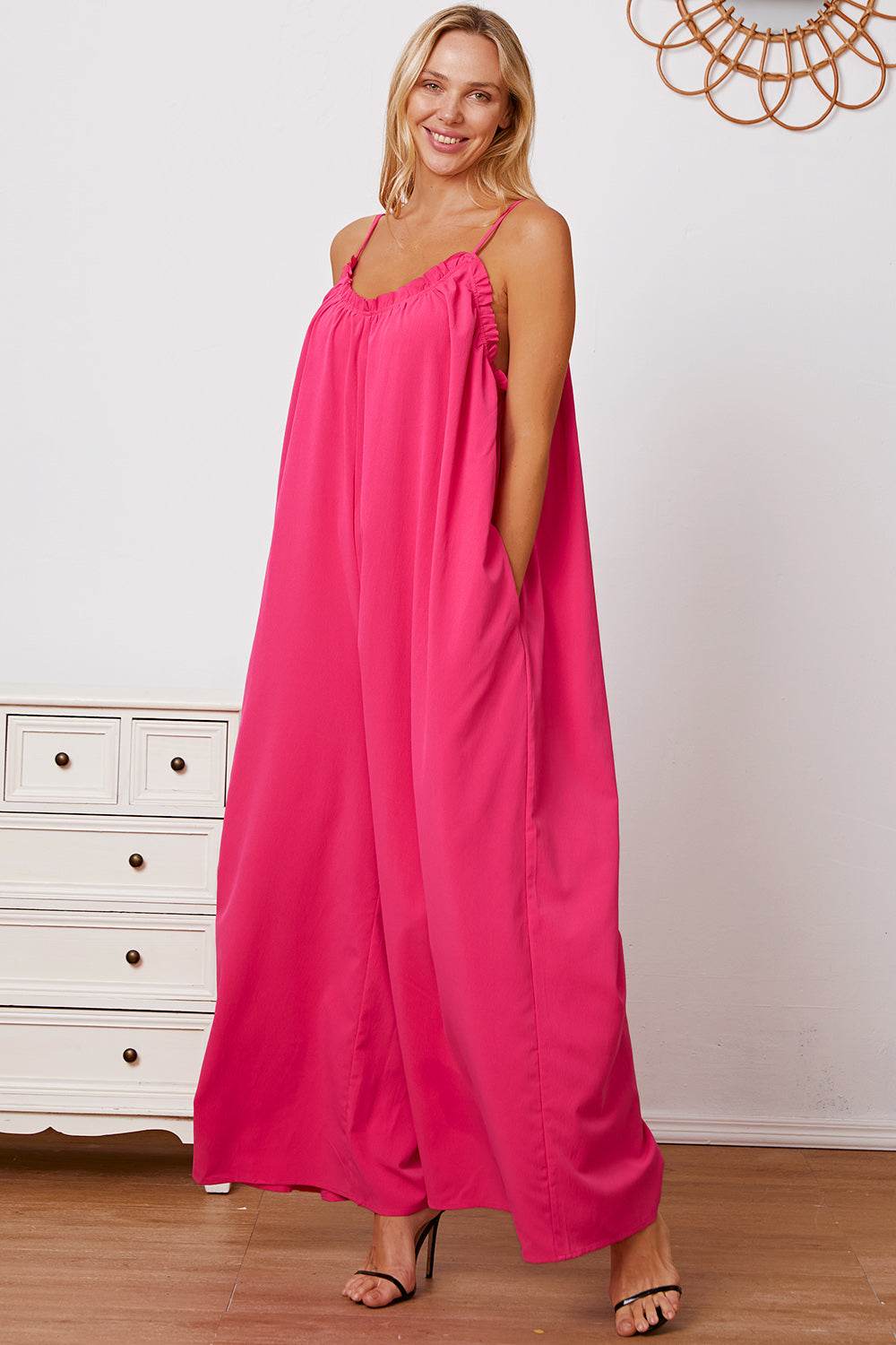 Double Take Full Size Ruffle Trim Tie Back Cami Jumpsuit with Pockets - Shop Style & More | Fresh Looks, Everyday Deals & Free Shipping