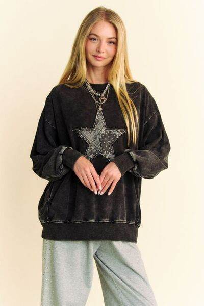 Davi & Dani Stud Star Patch Acid Washed Sweatshirt - Shop Style & More | Fresh Looks, Everyday Deals & Free Shipping