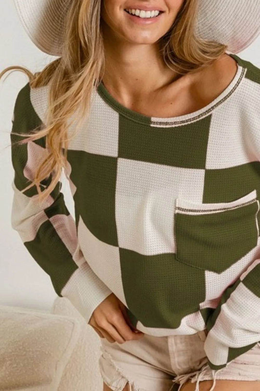 BiBi Checker Printed Hacci Top with Front Pocket - Shop Style & More | Fresh Looks, Everyday Deals & Free Shipping