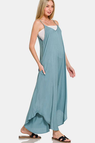 Zenana Spaghetti Strap Wide Leg Overalls with Pockets Jumpsuits