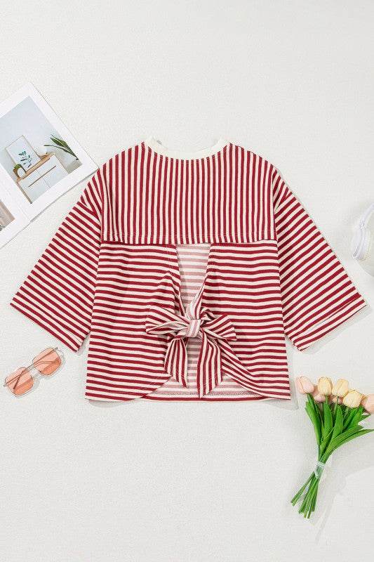 Riley Stripe Bowknot Cutout Back Loose Top - Shop Style & More | Fresh Looks, Everyday Deals & Free Shipping