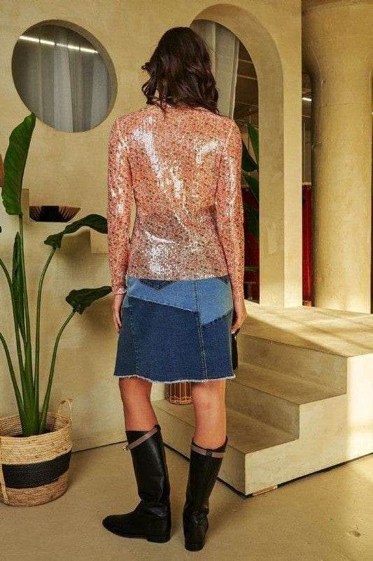 Davi & Dani Sequin Mock Neck Long Sleeve Mesh Top - Shop Style & More | Fresh Looks, Everyday Deals & Free Shipping