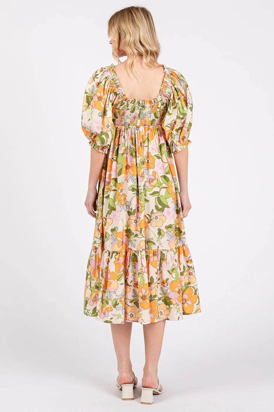 Mittoshop Flower Print Puff Sleeve Ruffle Smocked Midi Dress - Shop Style & More | Fresh Looks, Everyday Deals & Free Shipping