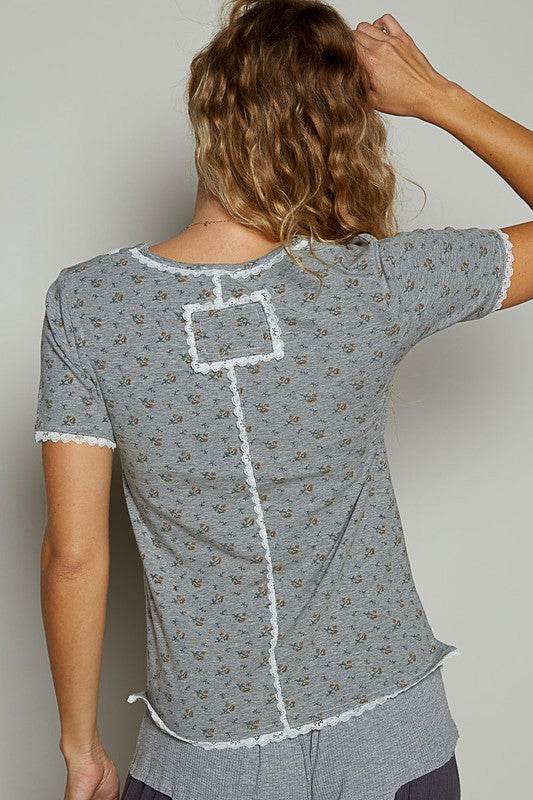 POL Lace Detail Floral V-Neck Button Detail Short Sleeve T-Shirt - Shop Style & More | Fresh Looks, Everyday Deals & Free Shipping