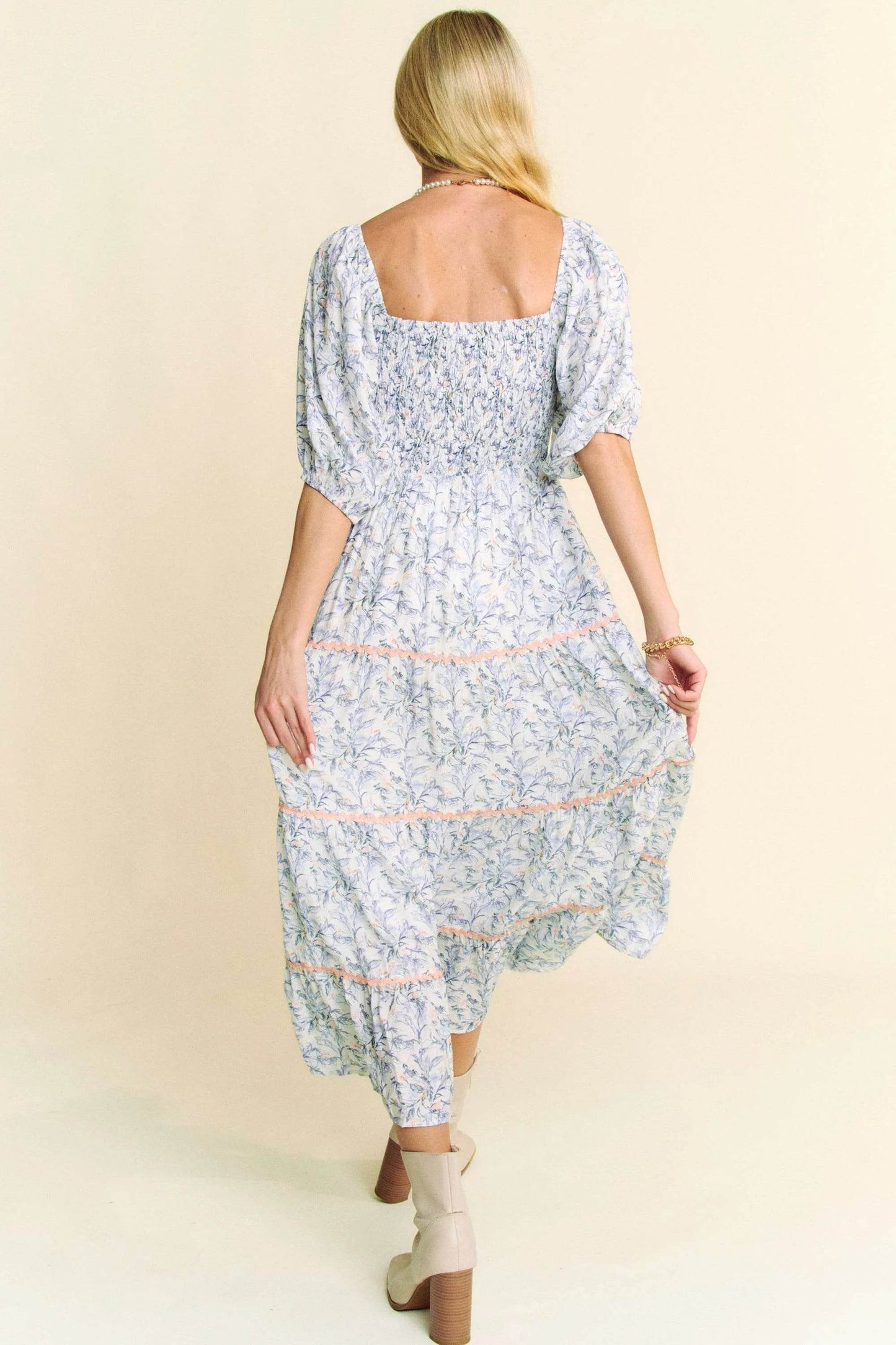 Davi & Dani Contrast Ric Smocking Bodice Tiered Midi Dress - Shop Style & More | Fresh Looks, Everyday Deals & Free Shipping
