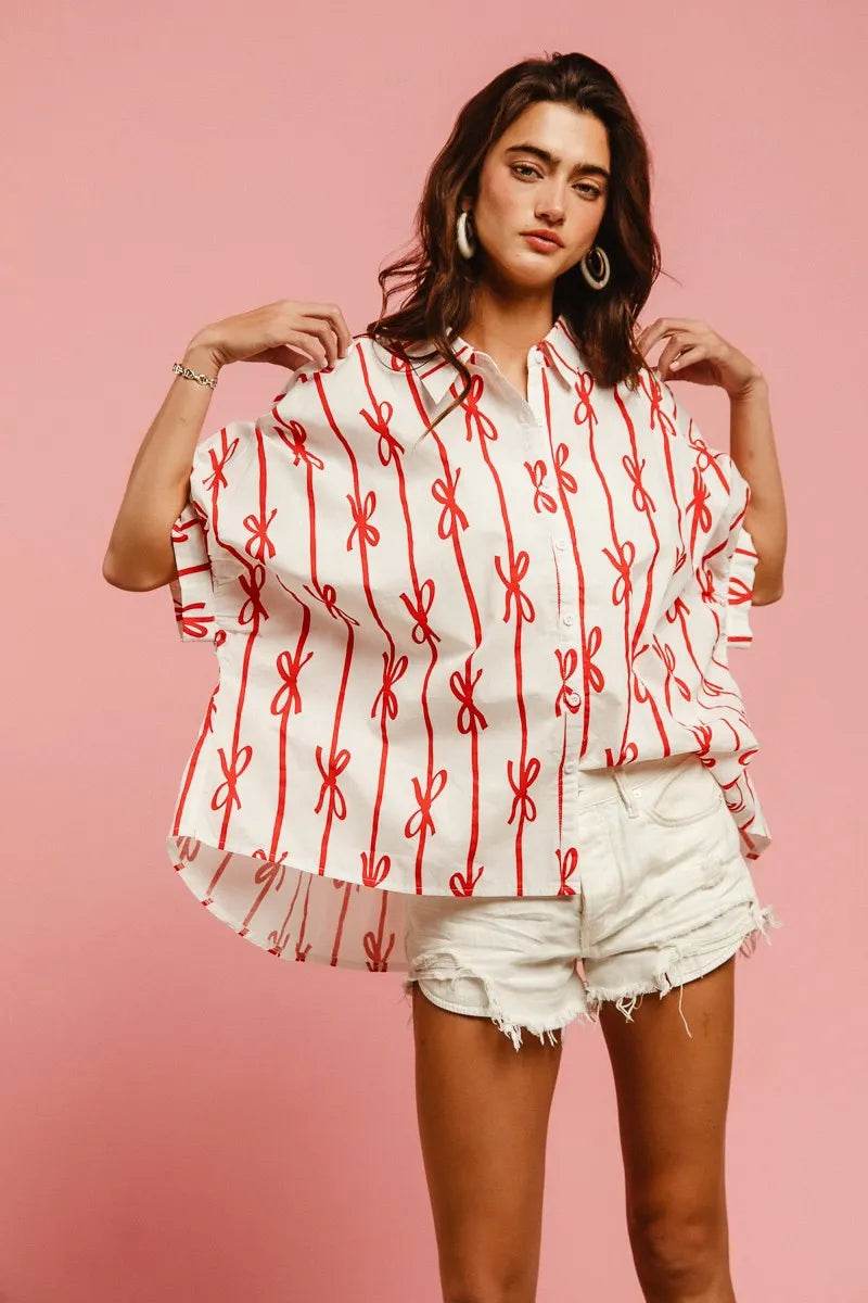 BiBi Bow Ribbon Woven Printed Button Down Shirt - Shop Style & More | Fresh Looks, Everyday Deals & Free Shipping