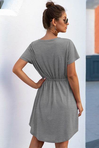 Solid V Neck Button Down Tie Waist Jersey Dress - Shop Style & More | Fresh Looks, Everyday Deals & Free Shipping