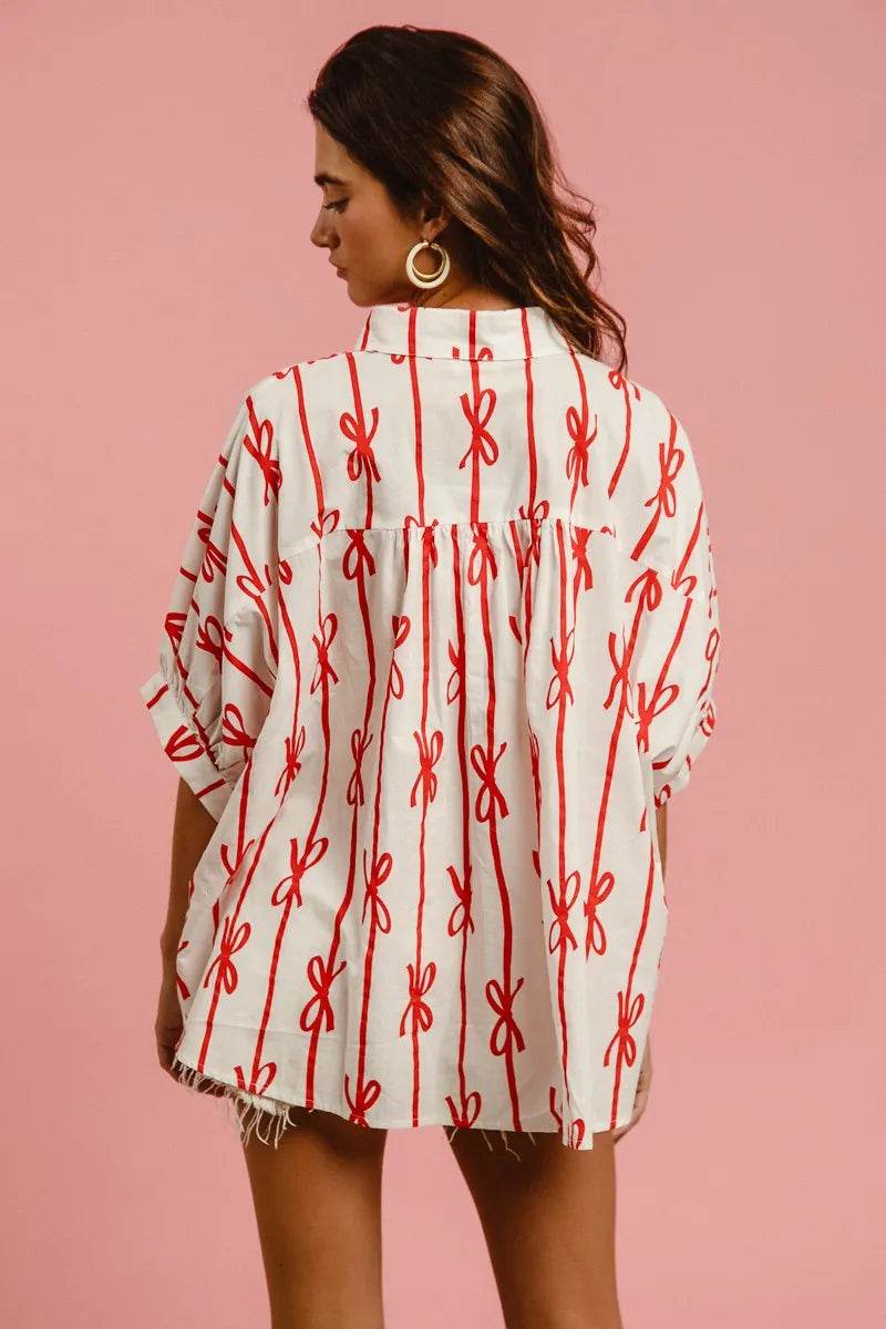 BiBi Bow Ribbon Woven Printed Button Down Shirt - Shop Style & More | Fresh Looks, Everyday Deals & Free Shipping