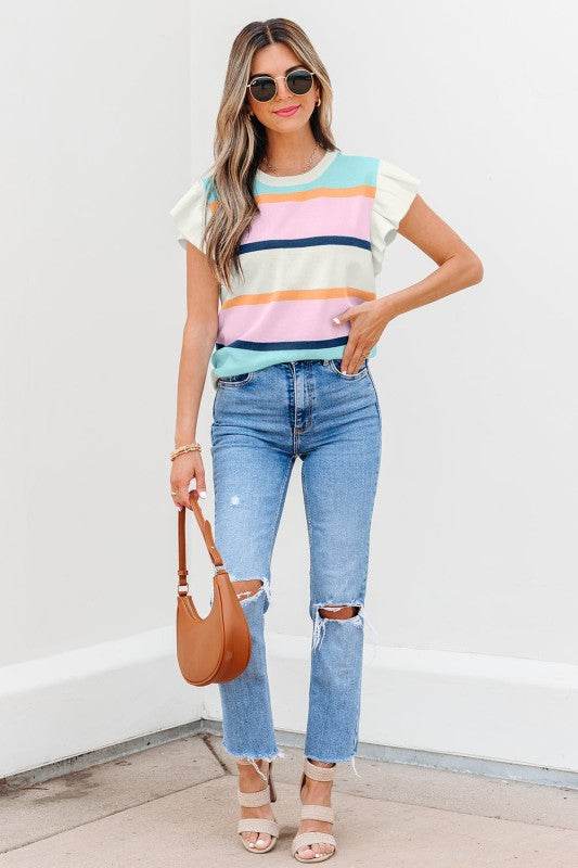 Yasmin Striped Flutter Sleeve Patchwork Top - Shop Style & More | Fresh Looks, Everyday Deals & Free Shipping