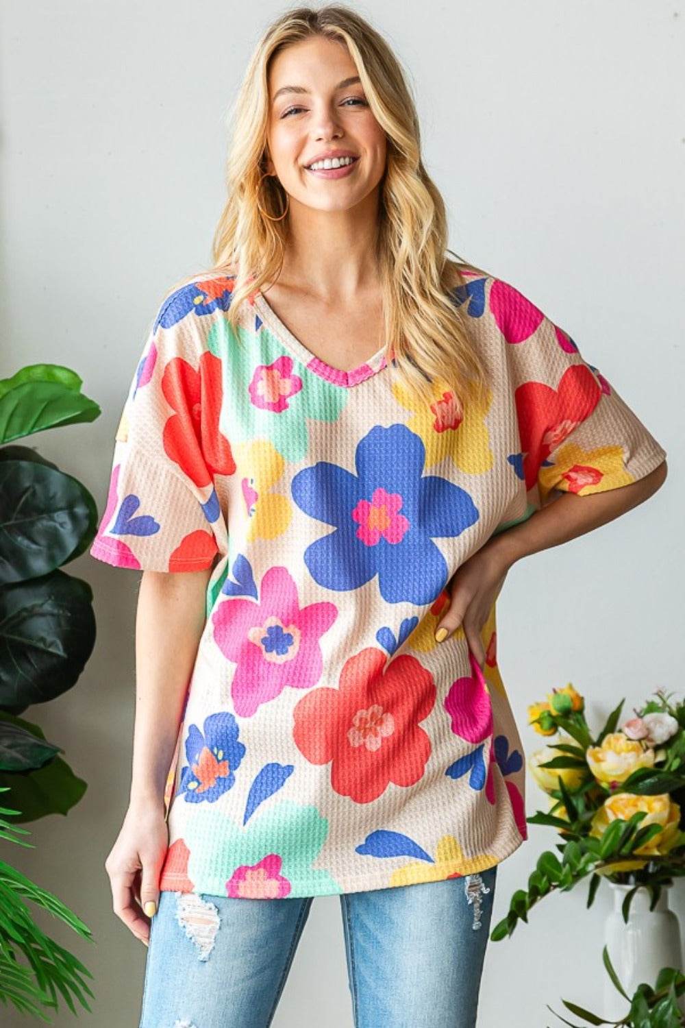 HOPELY Full Size Floral V-Neck Side Slit T-Shirt - Shop Style & More | Fresh Looks, Everyday Deals & Free Shipping
