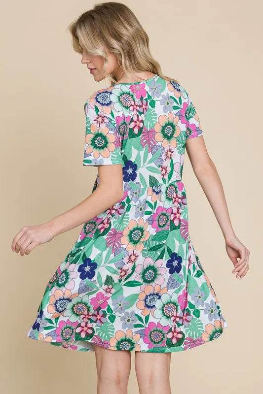 BOMBOM Ruched Floral V-Neck Short Sleeve Dress - Shop Style & More | Fresh Looks, Everyday Deals & Free Shipping