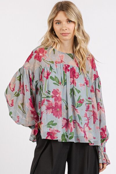 Mittoshop Floral Round Neck Flounce Sleeve Blouse Blouses