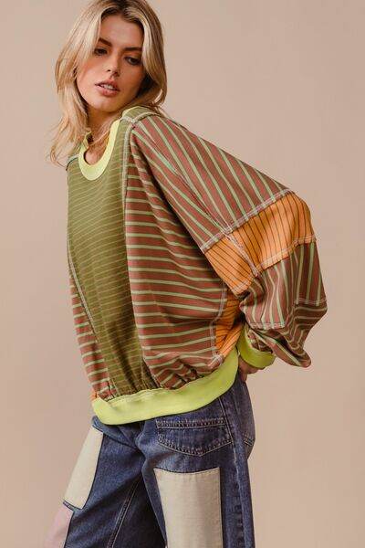BiBi Color Block Striped Round Neck Sweatshirt - Shop Style & More | Fresh Looks, Everyday Deals & Free Shipping
