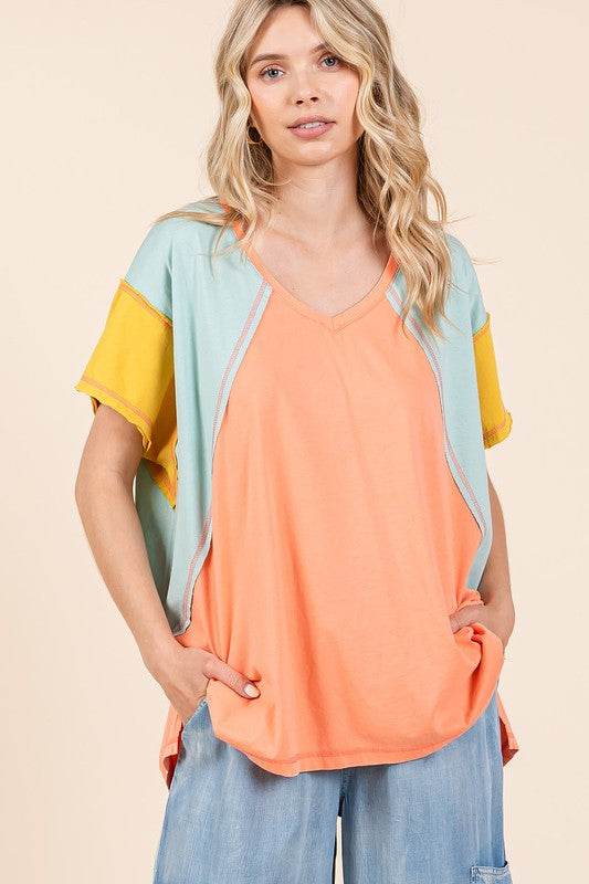 Mittoshop Color Block V-Neck Short Sleeve T-Shirt - Shop Style & More | Fresh Looks, Everyday Deals & Free Shipping