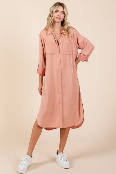 Mittoshop Button Down Long Sleeve Shirt Dress Burnt Coral Dresses - Casual Dresses