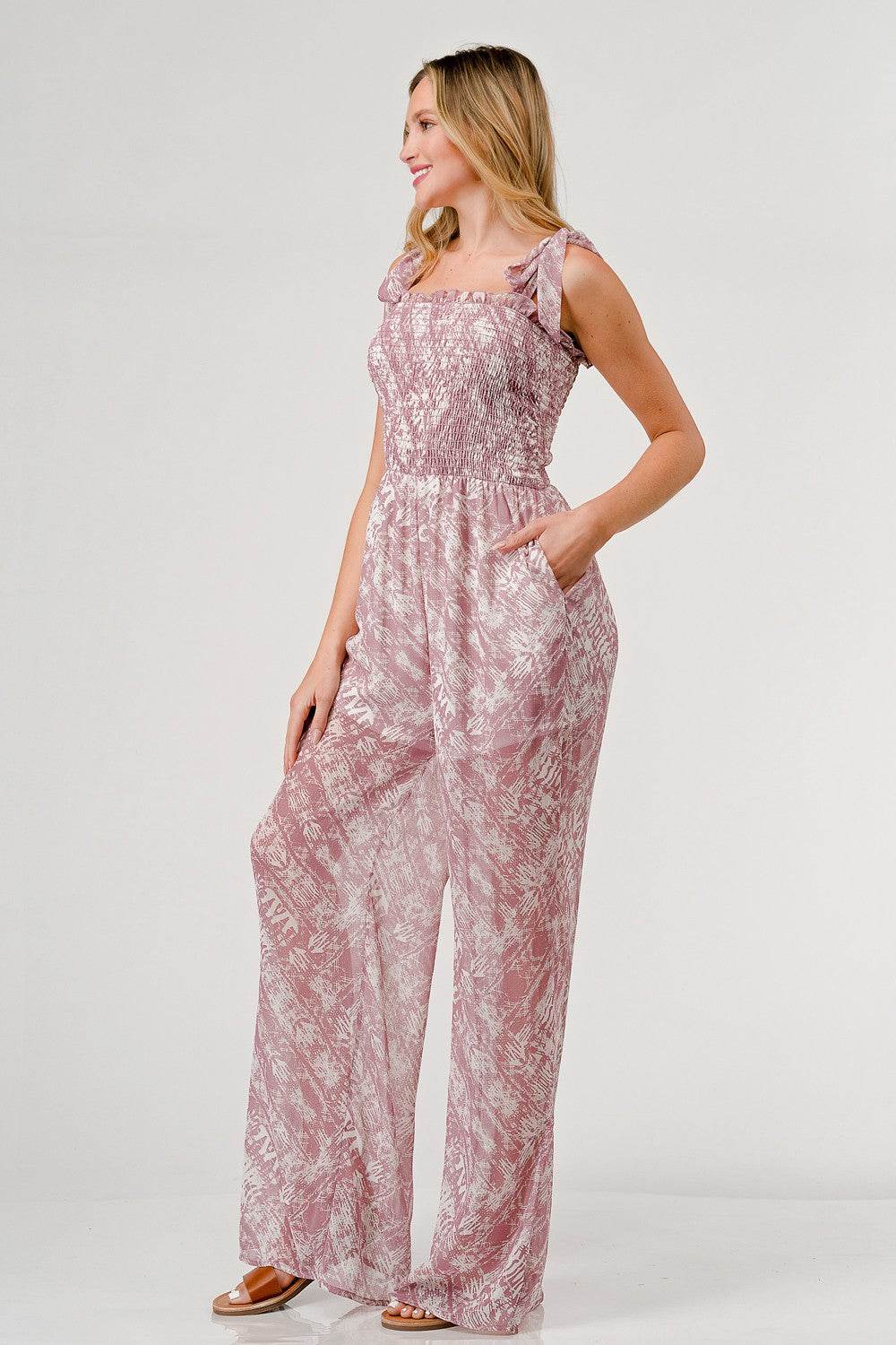 GeeGee Printed Tie Shoulder Wide Leg Jumpsuit - Shop Style & More | Fresh Looks, Everyday Deals & Free Shipping