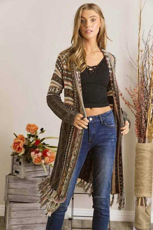 ADORA Full Size Fringe Hem Aztec Cardigan Plus Size - Shop Style & More | Fresh Looks, Everyday Deals & Free Shipping
