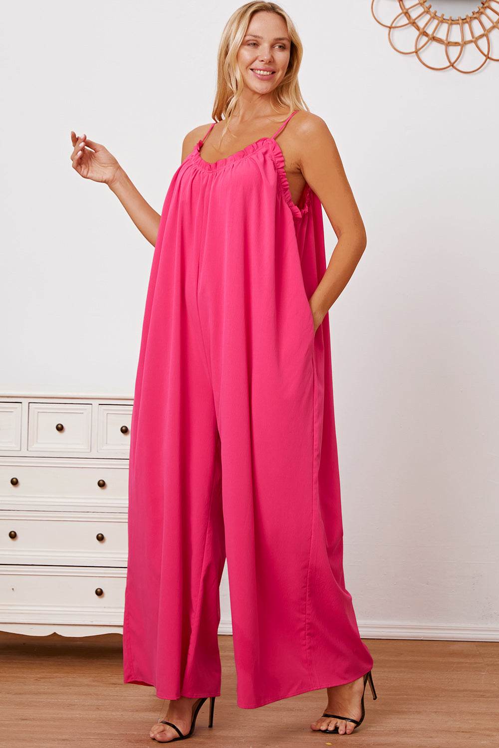 Double Take Full Size Ruffle Trim Tie Back Cami Jumpsuit with Pockets - Shop Style & More | Fresh Looks, Everyday Deals & Free Shipping