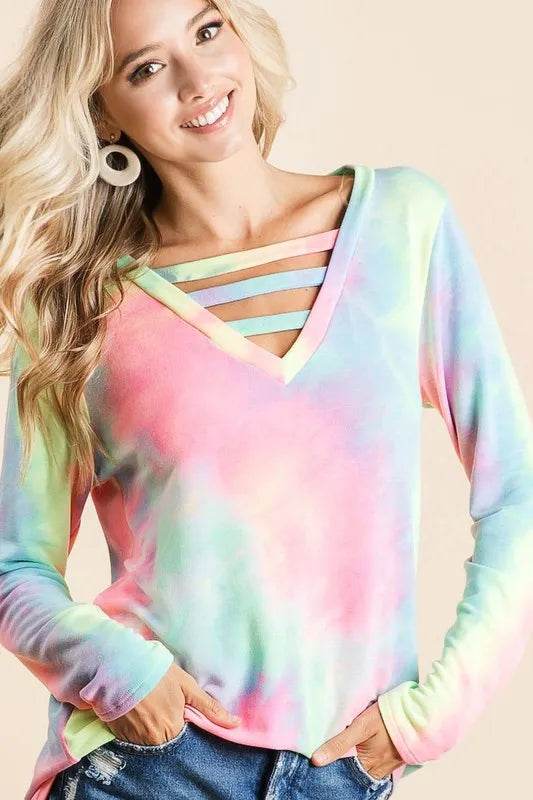BiBi Tie Dye French Terry V-Neck Top with Strapped - Shop Style & More | Fresh Looks, Everyday Deals & Free Shipping
