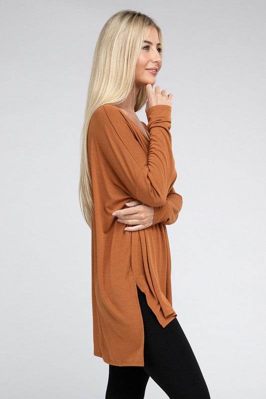 Dolman Long Sleeve V-Neck Side Slit Hi-Low Hem Top - Shop Style & More | Fresh Looks, Everyday Deals & Free Shipping
