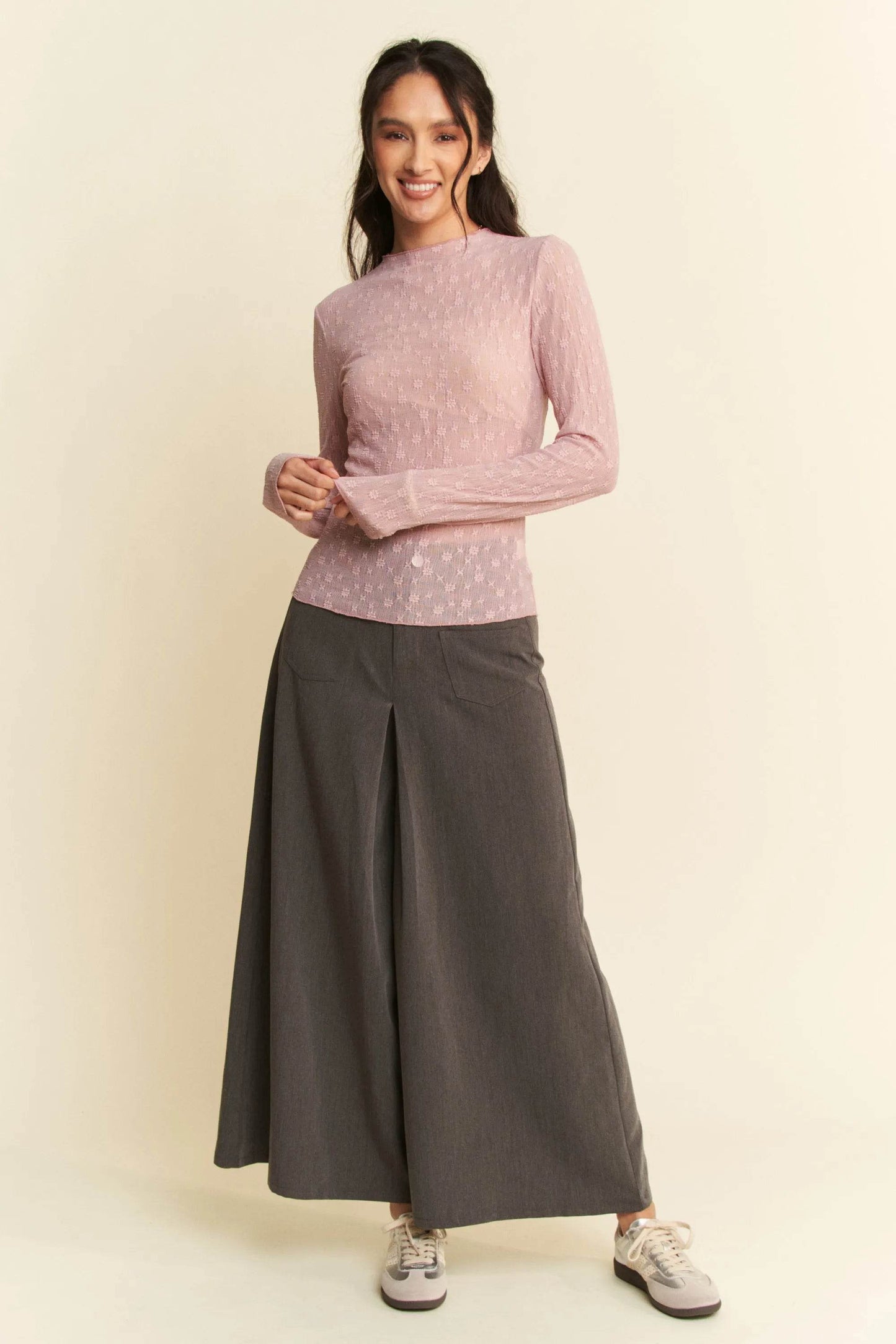 Davi & Dani Long Sleeve Sheer Small Embroidered Bows Lace Top - Shop Style & More | Fresh Looks, Everyday Deals & Free Shipping