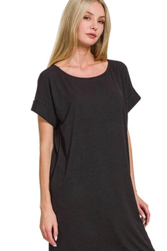 Zenana Rolled Short Sleeve Round Neck Dress - Shop Style & More | Fresh Looks, Everyday Deals & Free Shipping