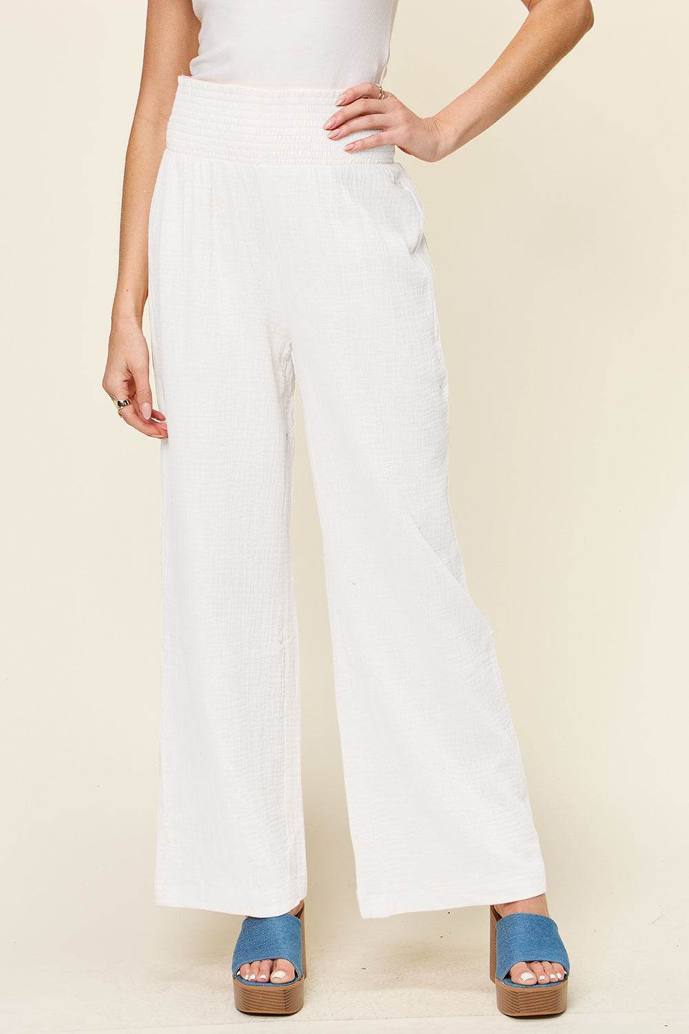 Double Take Full Size Texture Smocked Waist Wide Leg Pants - Shop Style & More | Fresh Looks, Everyday Deals & Free Shipping