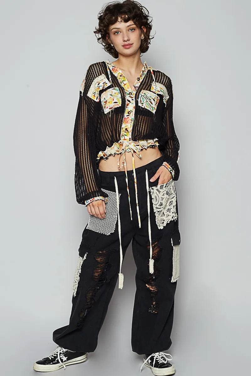 POL Vintage Washed Crochet Hoodie Jacket With Patchwork - Shop Style & More | Fresh Looks, Everyday Deals & Free Shipping