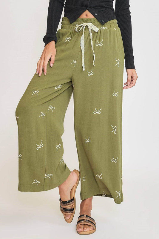 Umgee Full Size Lace Drawstring Embroidered Bow Wide Leg Pants Plus Size - Shop Style & More | Fresh Looks, Everyday Deals & Free Shipping