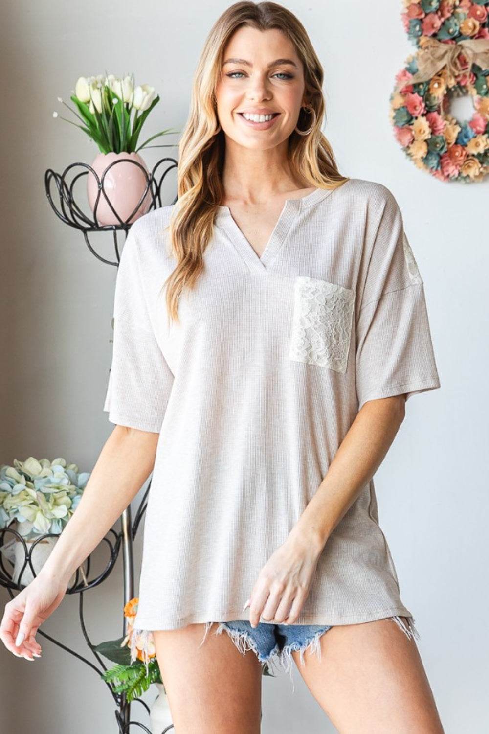 Heimish Full Size Lace Front Pocket Drop Shoulder Top - Shop Style & More | Fresh Looks, Everyday Deals & Free Shipping