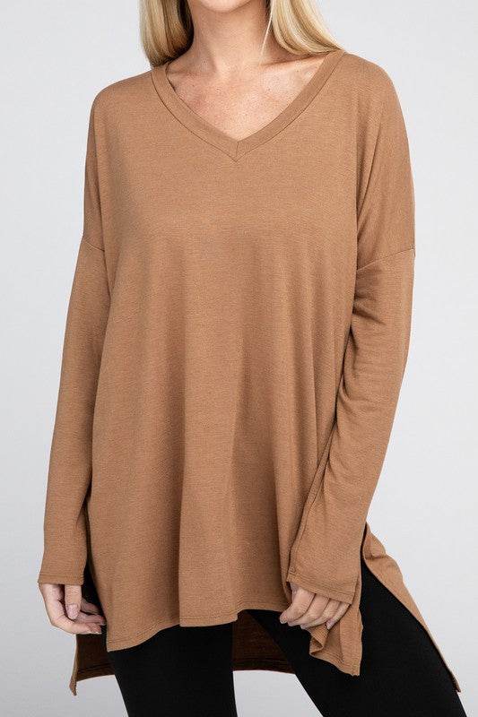 Dolman Long Sleeve V-Neck Side Slit Hi-Low Hem Top - Shop Style & More | Fresh Looks, Everyday Deals & Free Shipping