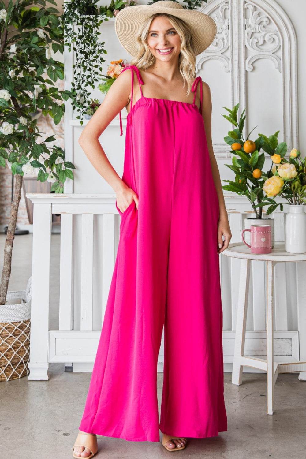 Veveret Pocketed Spaghetti Strap Wide Leg Jumpsuit - Shop Style & More | Fresh Looks, Everyday Deals & Free Shipping