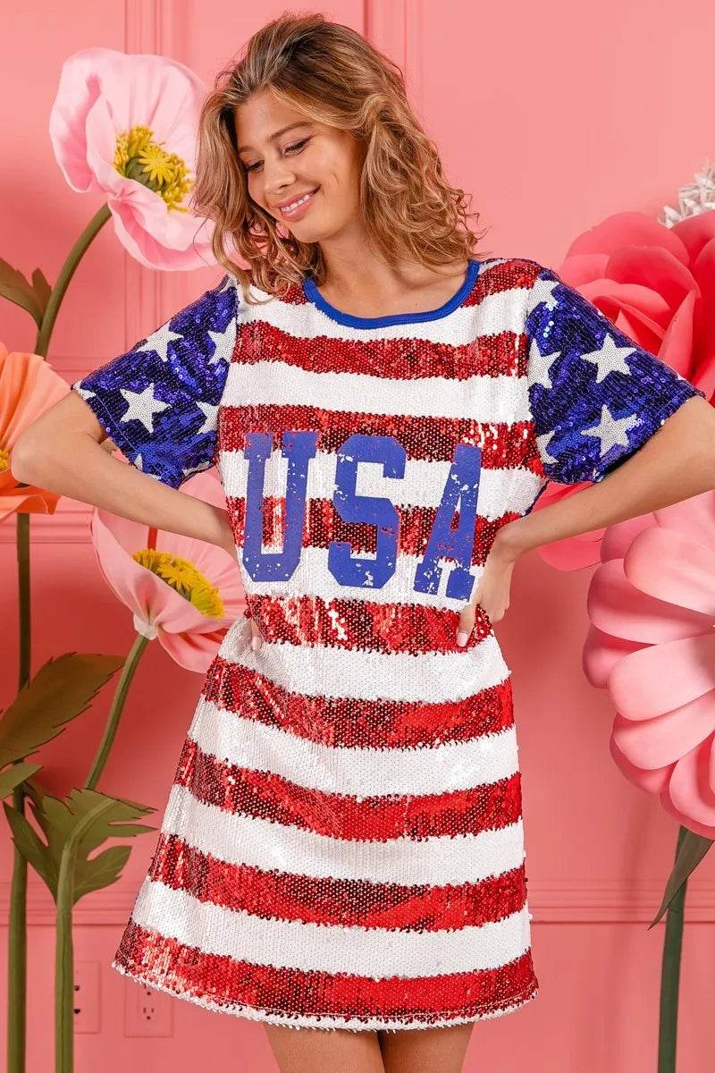 BiBi American Flag Theme Usa Print Sequin Dress - Shop Style & More | Fresh Looks, Everyday Deals & Free Shipping