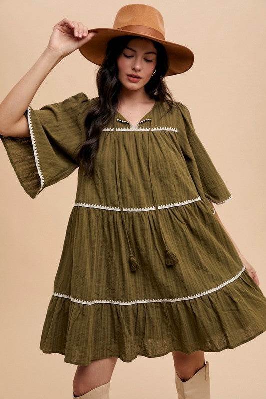 Annie Wear Tassel Contrast Trim Tie Neck Half Sleeve Tiered Dress - Shop Style & More | Fresh Looks, Everyday Deals & Free Shipping