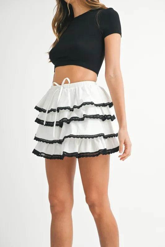 MABLE Poplin Ruffle Layered Contract Lace Trim Mini Skirt - Shop Style & More | Fresh Looks, Everyday Deals & Free Shipping