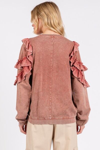 Mittoshop Ruffled Mineral Washed Round Neck Long Sleeve Sweatshirt Hoodies & Sweaters