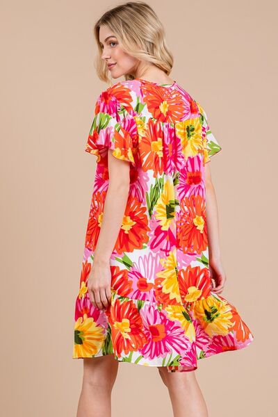 Ces Femme Floral Ruffled Short Sleeve Dress Casual Dresses