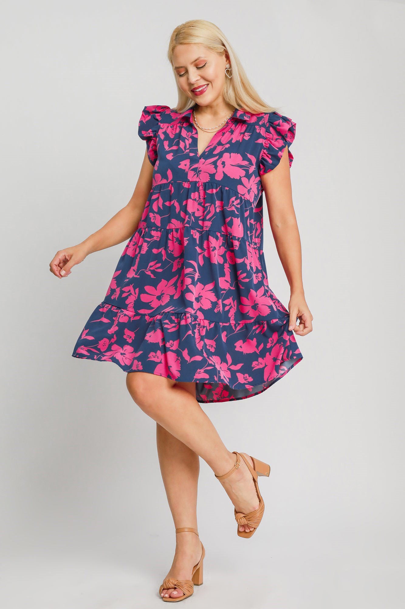 Umgee Full Size Floral Print Ruffle Cap Sleeve Tiered Dress Plus Size Casual Dresses