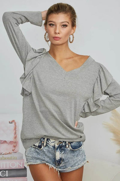 BiBi Triblend V Neck Top with Shoulder Shrring Detail - Shop Style & More | Fresh Looks, Everyday Deals & Free Shipping