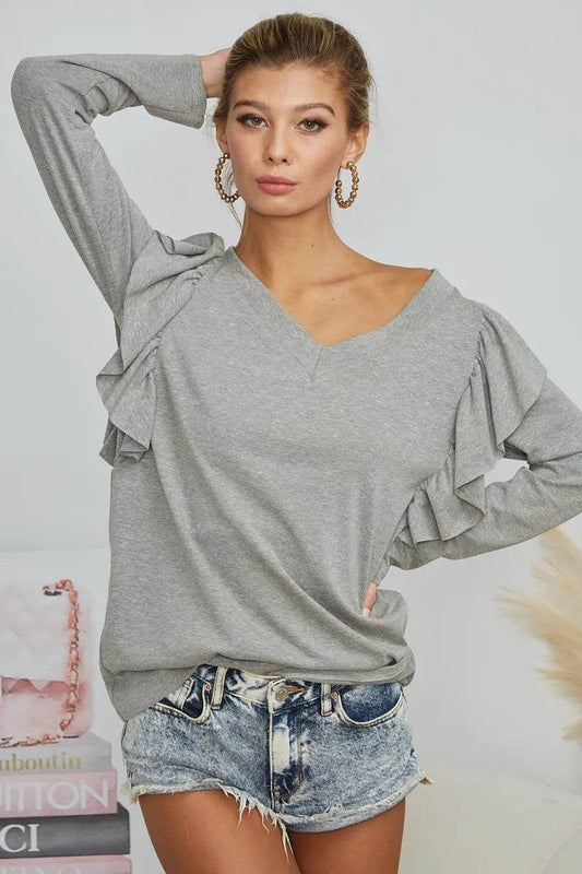 BiBi Triblend V Neck Top with Shoulder Shrring Detail - Shop Style & More | Fresh Looks, Everyday Deals & Free Shipping
