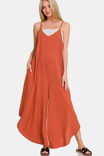 Zenana Wide Leg Overalls with Pockets and Spaghetti Straps Rust Jumpsuits