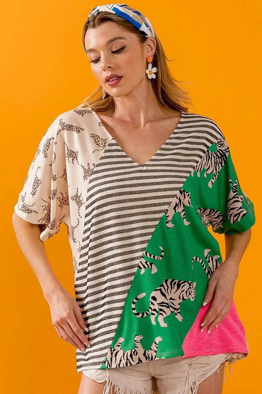 BiBi Tiger W Stripe Contrast Color Block V Neck Top - Shop Style & More | Fresh Looks, Everyday Deals & Free Shipping