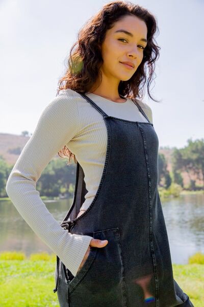 Mono B Drawstring Waist Spaghetti Strap Overalls with Pockets Black Jumpsuits