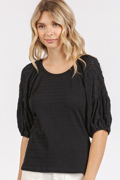 Mittoshop Mixed Media Textured Knit Popcorn Puff Sleeve Blouse Black Blouses