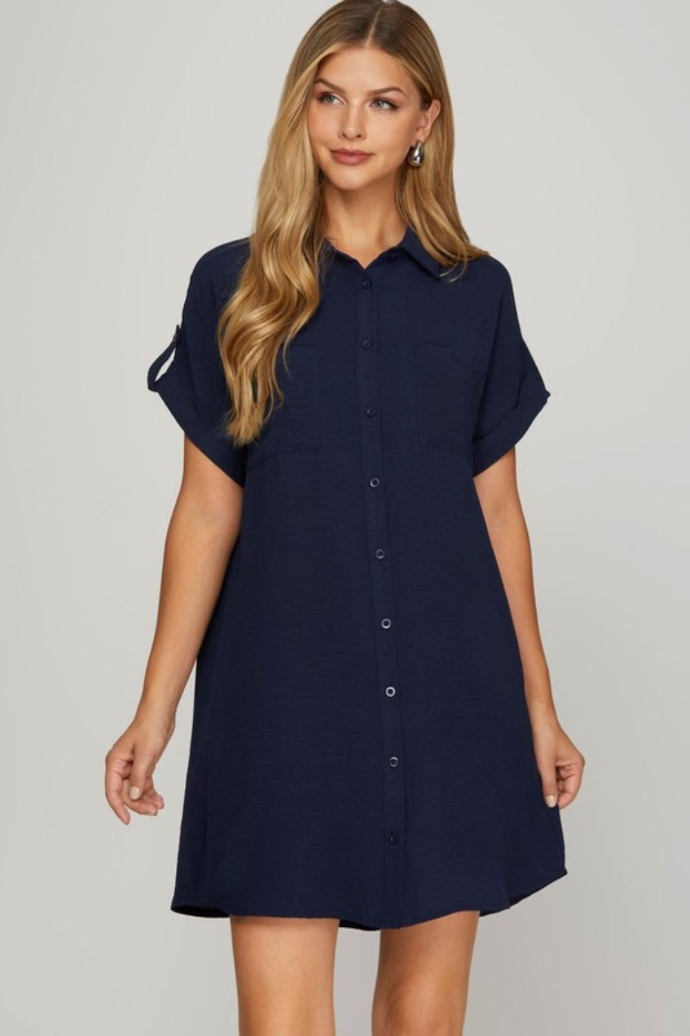 She + Sky Full Size Button Down Short Sleeve Woven Shirt Dress Plus Size Dark Navy Casual Dresses