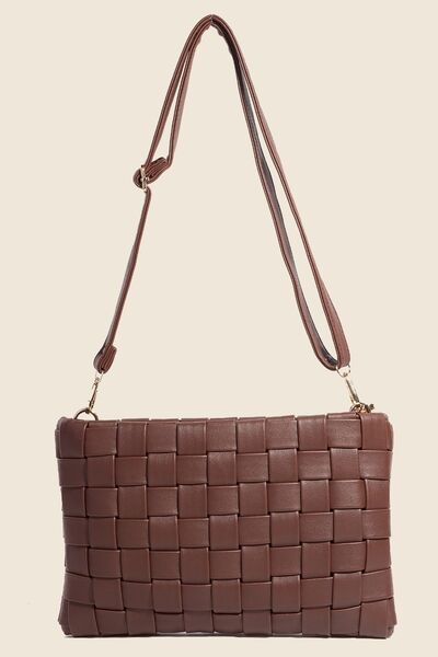 Fame Faux Leather Basket Weave Crossbody Bag Chocolate One Size Bags