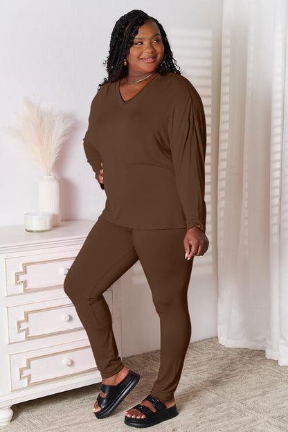 Basic Bae Full Size V-Neck Soft Rayon Long Sleeve Top and Pants Lounge Set Chocolate Lounge Set