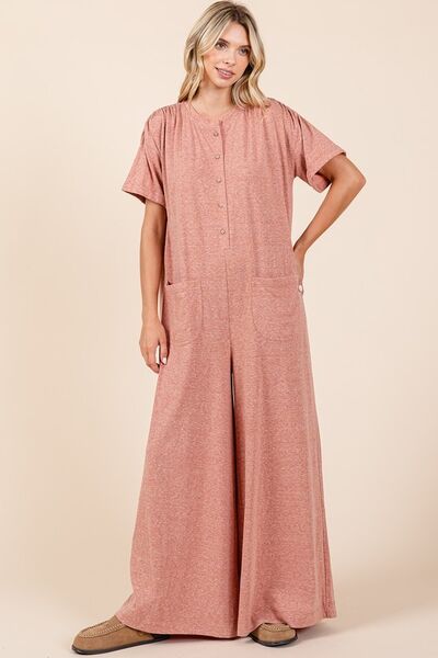 Mittoshop Button Detail Jumpsuit - Short Sleeve Wide Leg Jumpsuit Jumpsuits